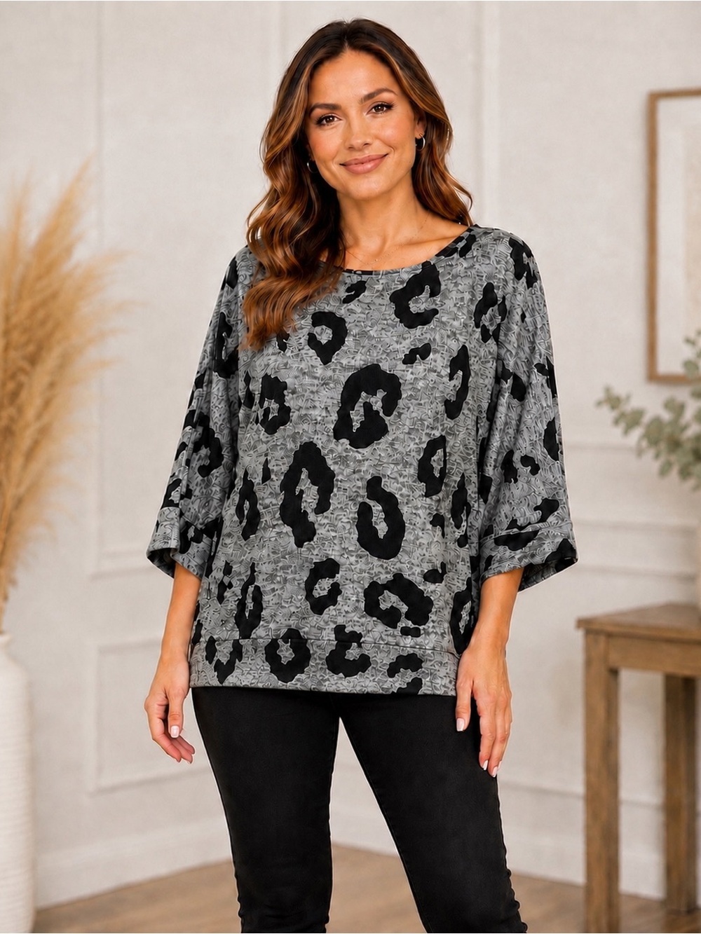 ODDY Gray and Black Leopard Print Tunic Top